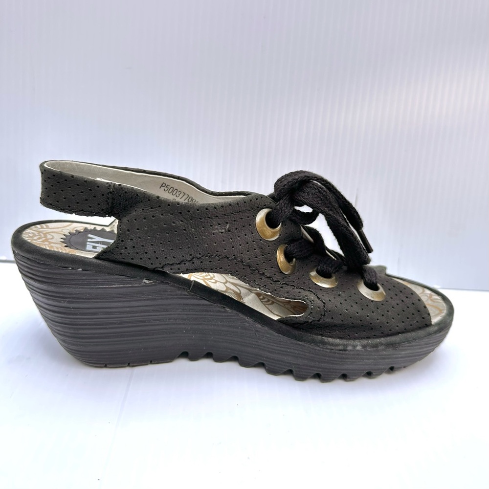 Fly London Ylva Wedge Lace-Up Perforated Leather Sandal Shoe 38